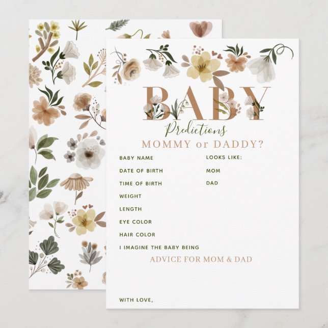 Boho Floral Baby Shower Predictions & Advice Card (Front/Back)