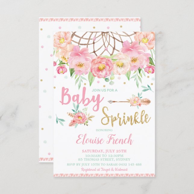 Boho Floral Baby Shower Sprinkle Dream Catcher Invitation (Front/Back)