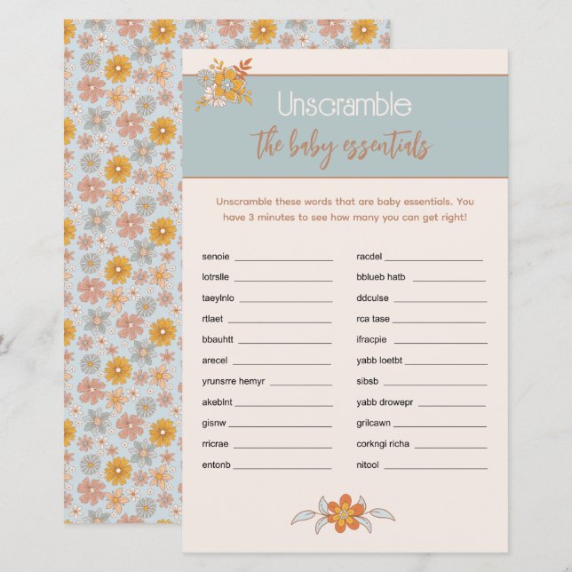 Boho Floral Baby Shower Word Scramble Game (Front/Back)