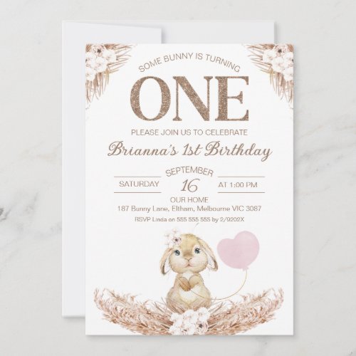 Boho Floral Balloon Some Bunny 1st Birthday Invitation