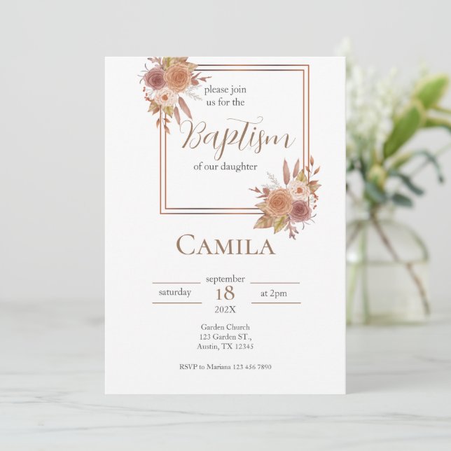 Boho Floral Baptism Invitation For Girl in Spanish (Standing Front)