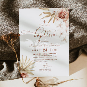 Boho Floral Baptism Invitation Optional Photo Back