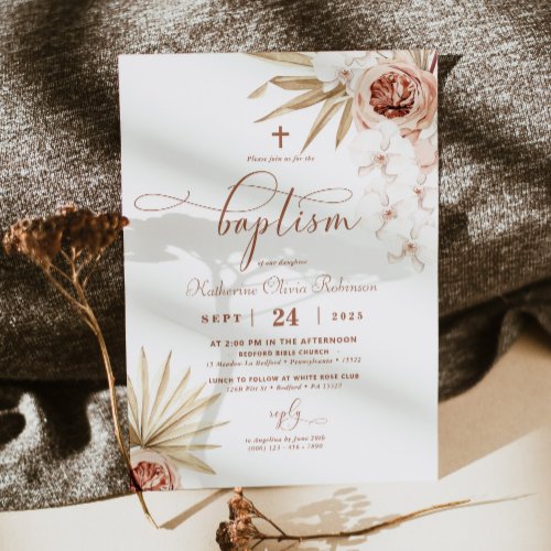 Boho Floral Baptism Invitation Optional Photo Back