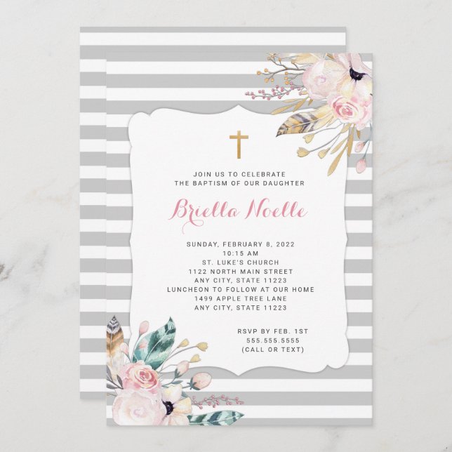 Boho Floral Baptism or First Communion invitations (Front/Back)