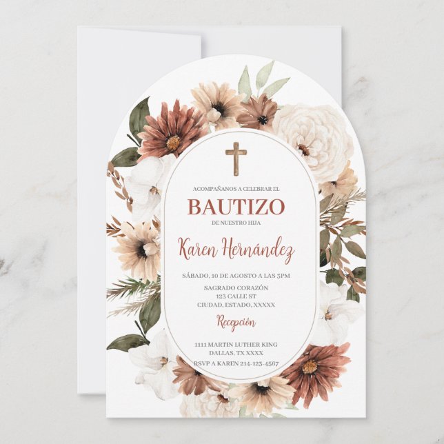 Boho Floral Baptism Spanish Invitation (Front)