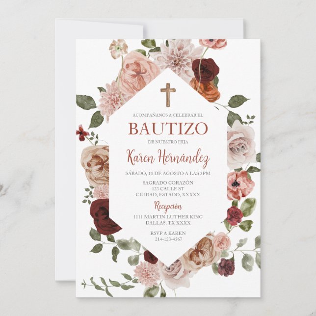Boho Floral Baptism Spanish Invitation (Front)