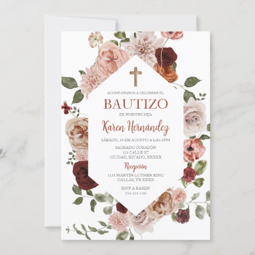 Boho Floral Baptism Spanish Invitation