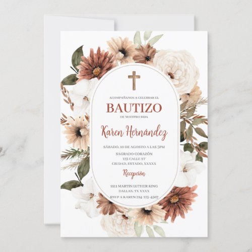 Boho Floral Baptism Spanish Invitation