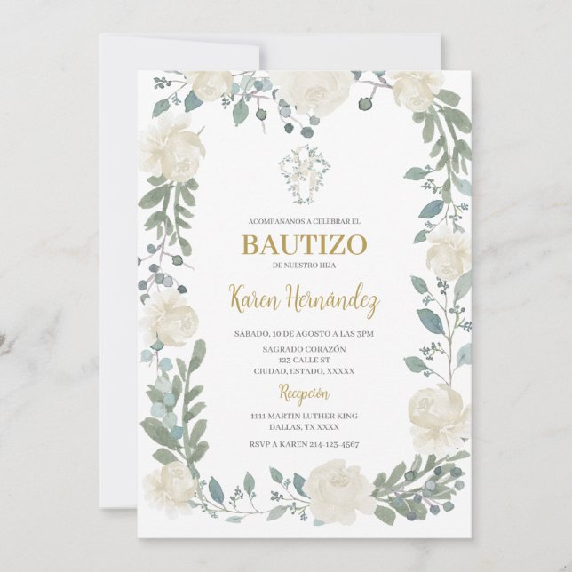 Boho Floral Baptism Spanish Invitation (Front)