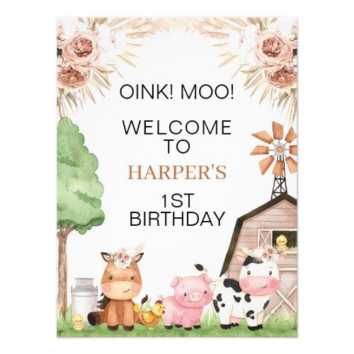 Boho Floral Barn Farm Animal Birthday Welcome Sign