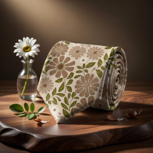 Boho Floral Beige Background Neck Tie