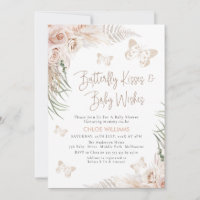 Boho Floral Beige Butterfly Kisses Baby Shower Invitation