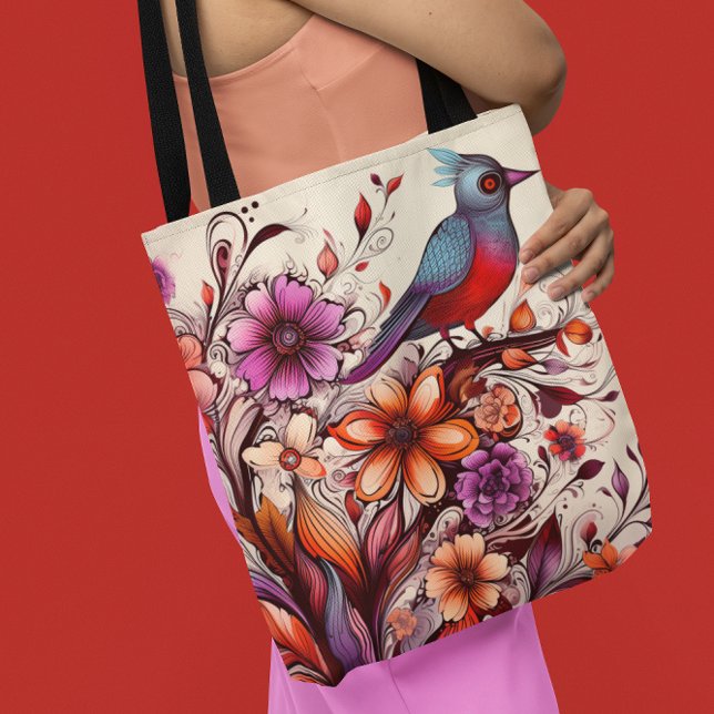Boho Floral Bird Folk Art Nature Illustration Tote Bag (Gorgeous Red bird and floral Summer Tote Bag)