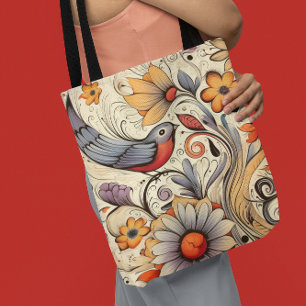 Boho Floral Bird Folk Art Nature Illustration Tote Bag