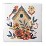 Boho Floral Bird House Scandinavian Folk Art Ceramic Tile