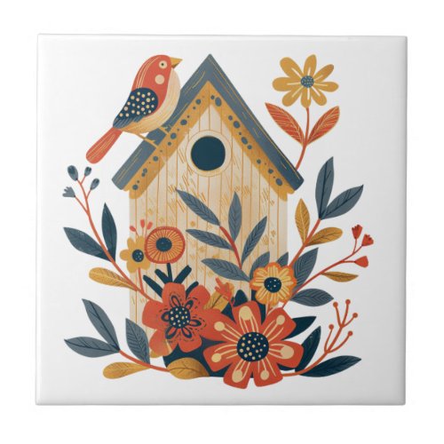 Boho Floral Bird House Scandinavian Folk Art Ceramic Tile