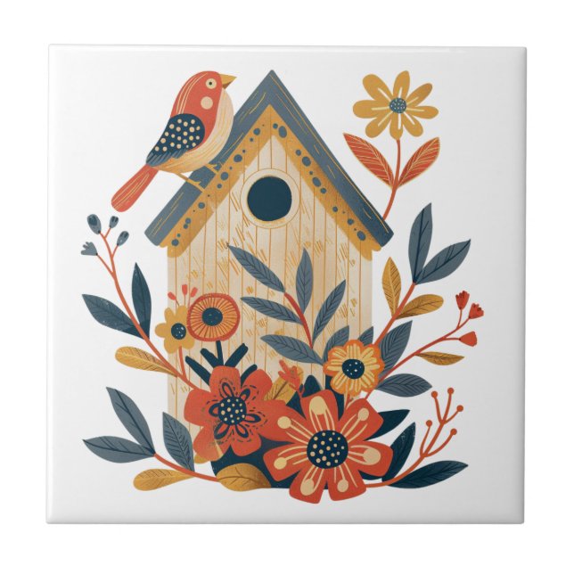 Boho Floral Bird House Scandinavian Folk Art Ceramic Tile (Front)