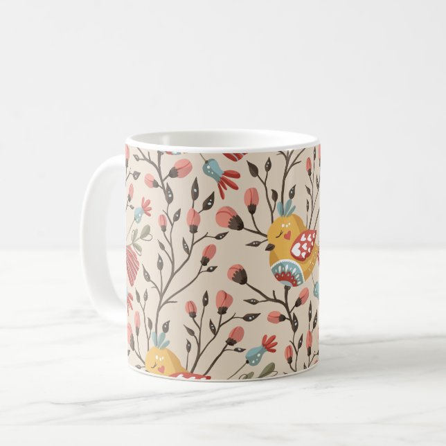 Boho Floral Birds Garden Pattern Coffee Mug (Front Left)