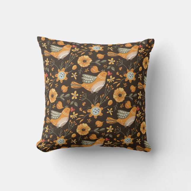 Boho Floral Birds Garden Pattern Throw Pillow (Front)