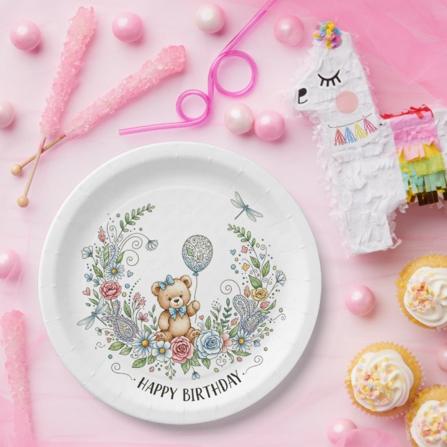 Boho floral birthday bear paper plates (Party)