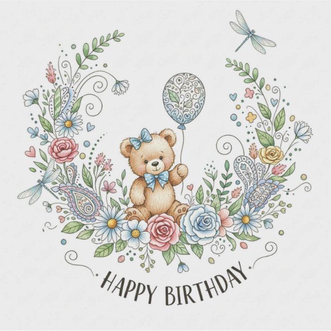Boho floral birthday bear sticker (Front)