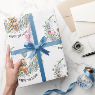 Boho floral birthday bear wrapping paper