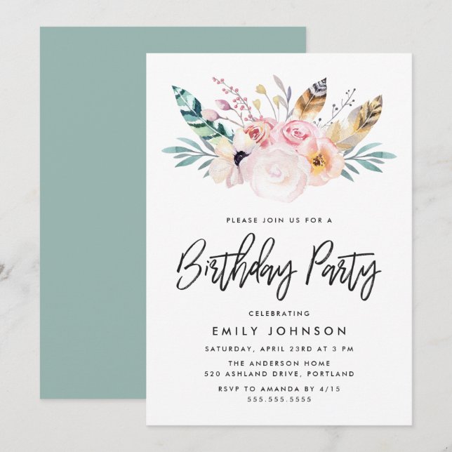 Boho Floral | Birthday Party Invitation (Front/Back)