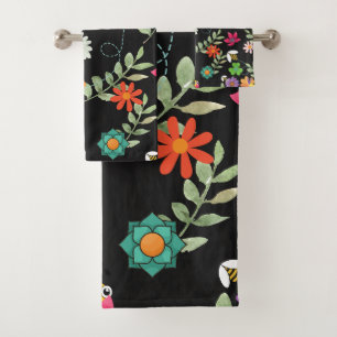 Boho Floral Black Background Pattern Bath Towel Set