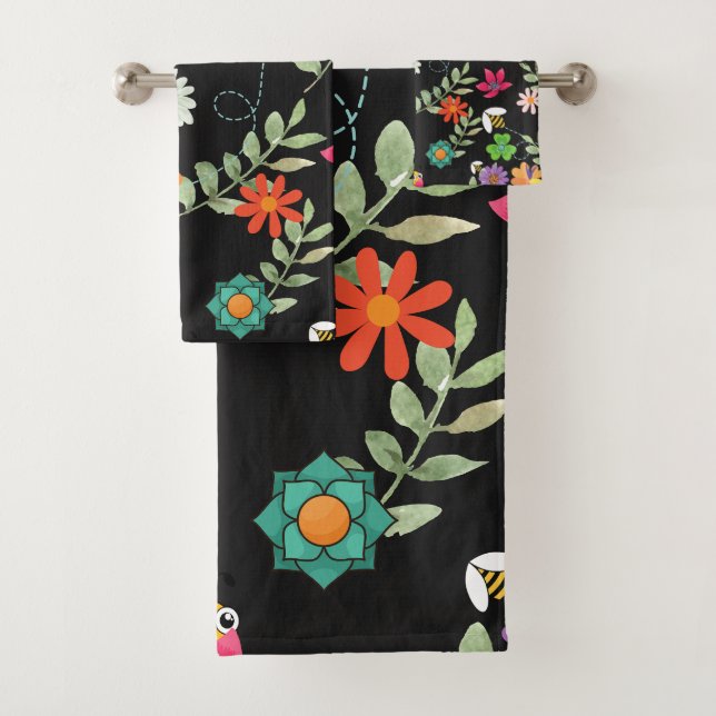 Boho Floral Black Background Pattern Bath Towel Set (Insitu)