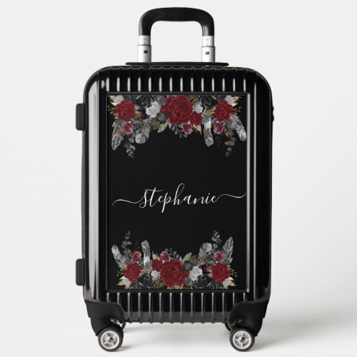 Boho Floral Black Burgundy Monogram Luggage