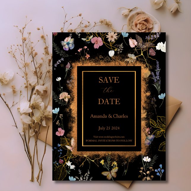 Boho Floral Black Butterfly Garden Save The Date  Postcard (Creator Uploaded)