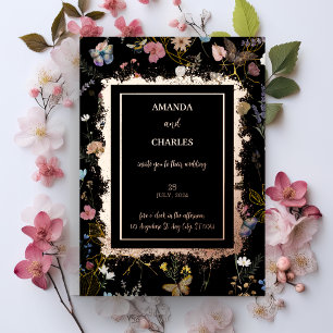 Boho Floral Black Butterfly Garden Wedding Foil Invitation