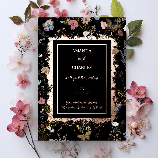 Boho Floral Black Butterfly Garden Wedding Foil Invitation (Creator Uploaded)