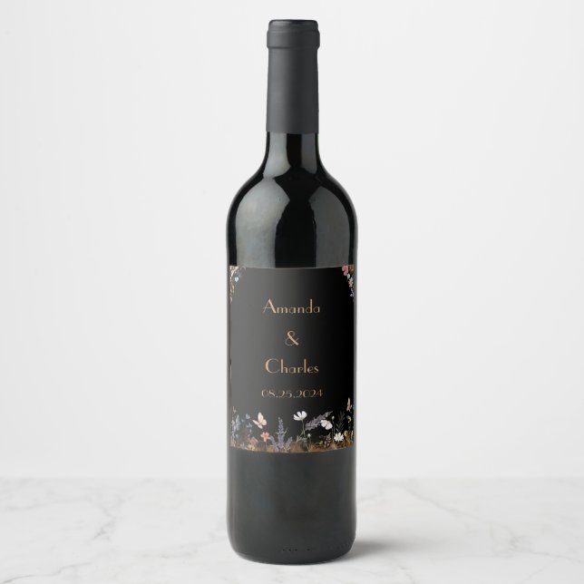 Boho Floral Black Butterfly Garden Wine Label (Front)