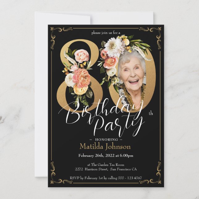 Boho Floral Black Gold Photo 80th Birthday Party Invitation (Front)