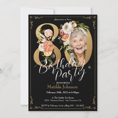 Boho Floral Black Gold Photo 80th Birthday Party Invitation