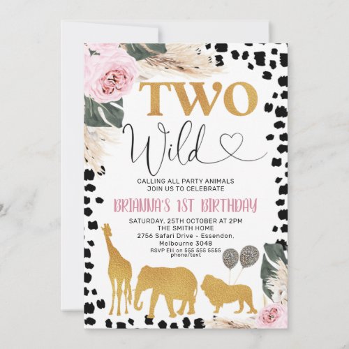 Boho Floral Black Print Safari Two Wild Birthday Invitation