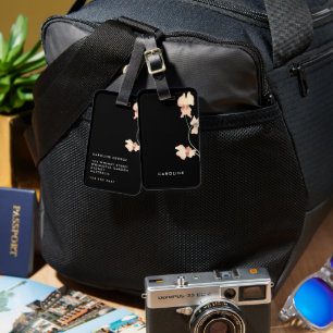 Boho Floral Black Trendy Chic Stylish Girly Luggage Tag