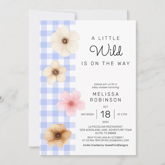 Boho Floral Blossom Blue Gingham Baby Boy Shower Invitation (Front)