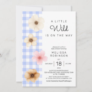 Boho Floral Blossom Blue Gingham Baby Boy Shower Invitation