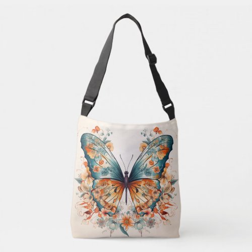 Boho Floral Blossom Butterfly Meadow Watercolor Crossbody Bag