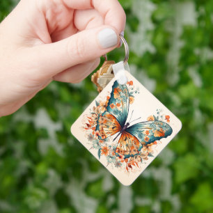 Boho Floral Blossom Butterfly Meadow Watercolor Keychain