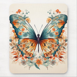 Boho Floral Blossom Butterfly Meadow Watercolor Mouse Pad