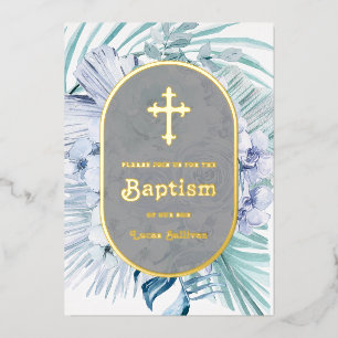 Boho Floral Blue Bouquet Baptism Foil Invitation