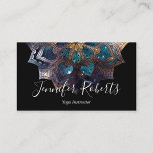 Boho Floral Blue Gold Mandala Chic Black Business Card