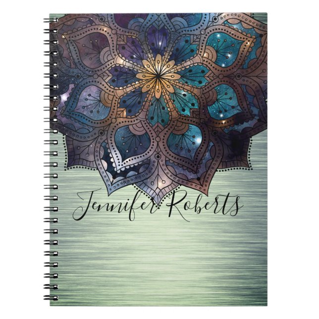 Boho Floral Blue Gold Mandala Chic Green Metallic Notebook (Front)