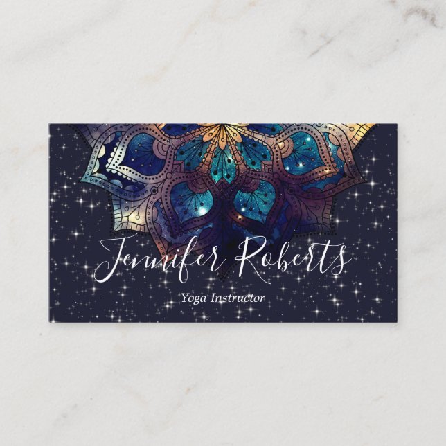 Boho Floral Blue Gold Mandala Chic Sparkle Stars Business Card (Front)