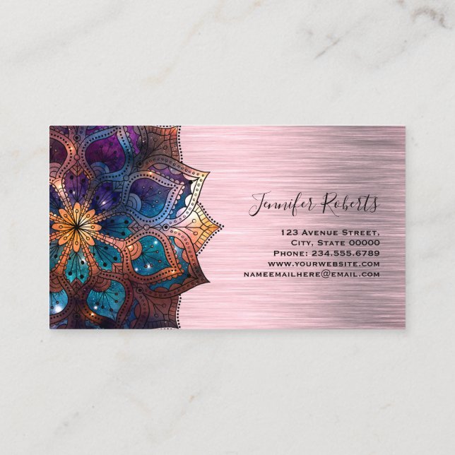 Boho Floral Blue Gold Mandala Chic Yoga Instructor Business Card (Back)