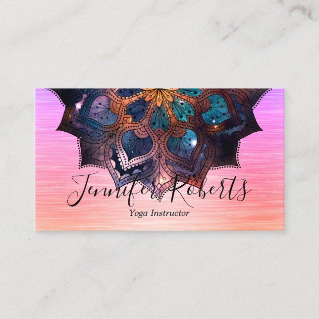 Boho Floral Blue Gold Mandala Yoga Instructor Business Card (Front)