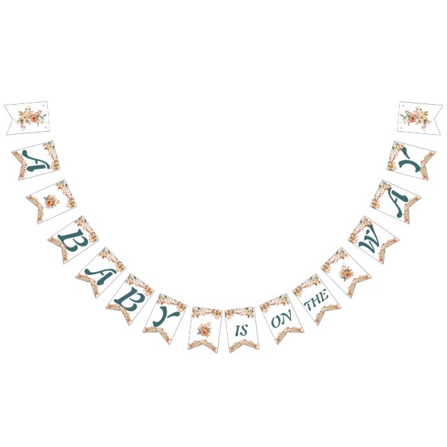 Boho Floral Blue Letters on White Baby Shower Bunting Flags (All)